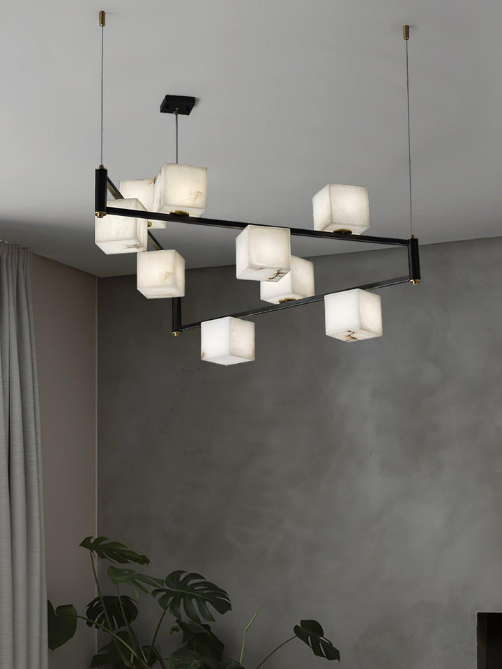 Stylish mid-century modern alabaster chandelier with square shades, perfect for elegant lighting in contemporary spaces.