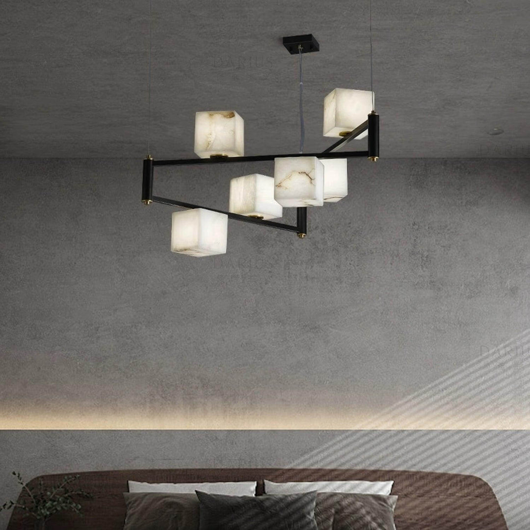 Mid century modern alabaster square box chandelier with black metal accents, perfect for contemporary home decor.
