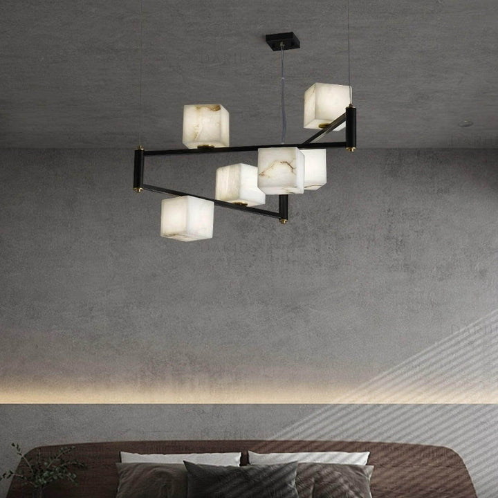 Mid century modern alabaster square box chandelier with black metal accents, perfect for contemporary home decor.