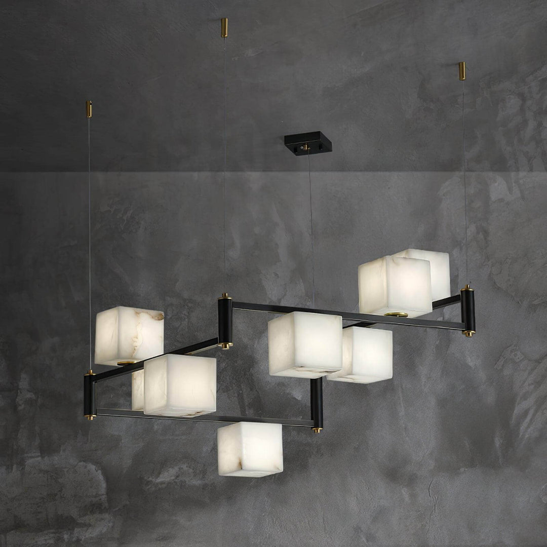 Alabaster square box chandelier showcasing mid-century modern design with multiple illuminated cubes.