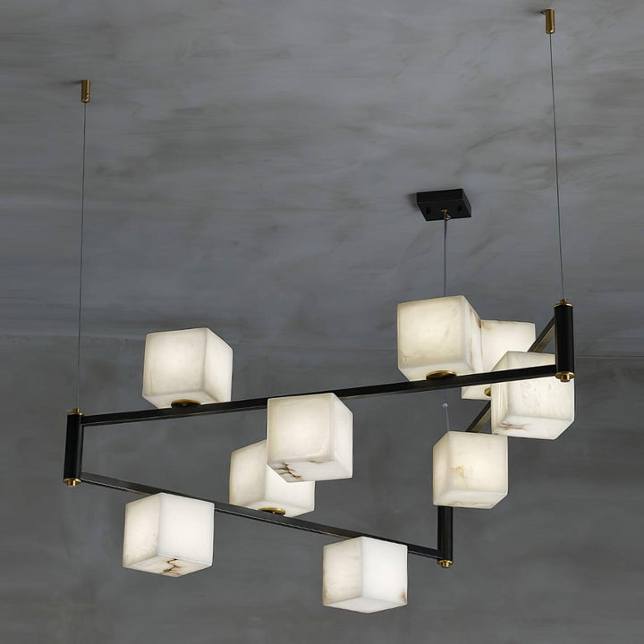 Mid century modern alabaster square box chandelier with multiple heads, elegant lighting for contemporary interiors.
