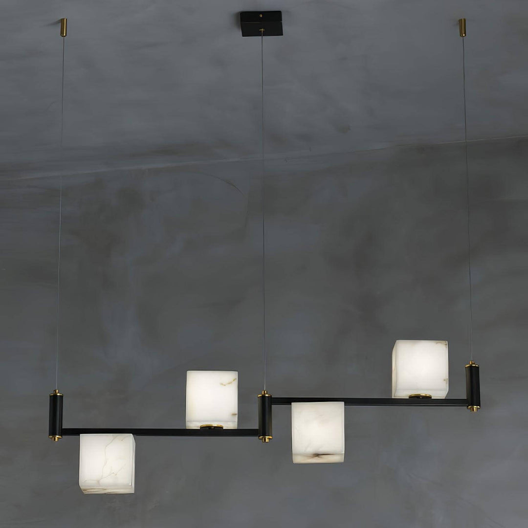 Mid-century modern alabaster chandelier with four square shades on a black frame, perfect for stylish interiors.