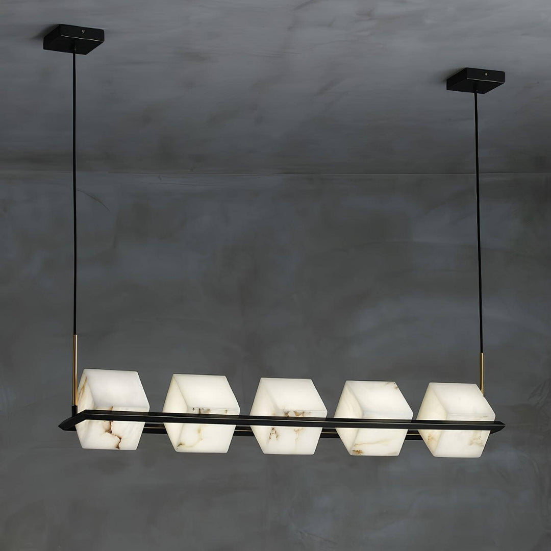 Mid century modern alabaster square box chandelier featuring five heads with black accents.