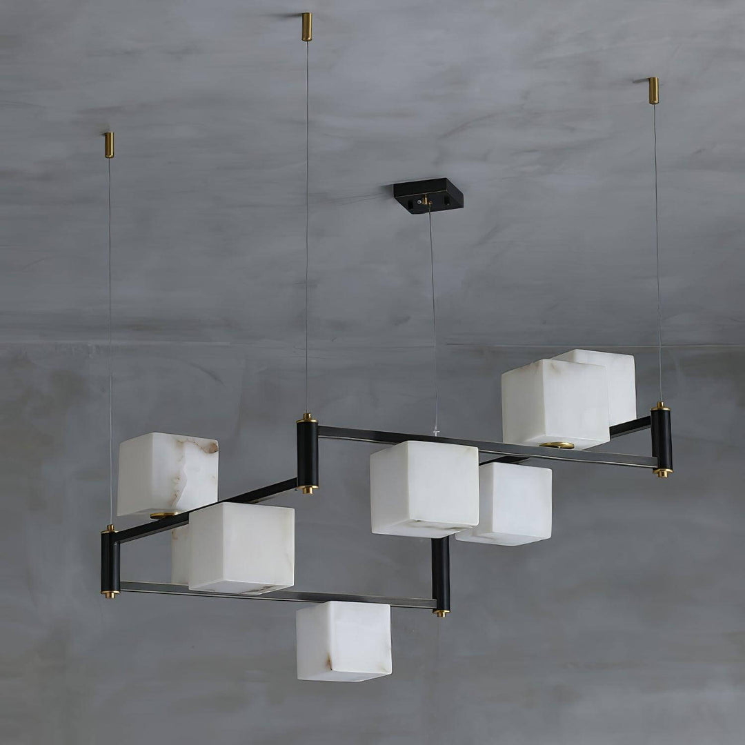 Elegant mid century modern alabaster square box chandelier with black accents and multiple light heads.