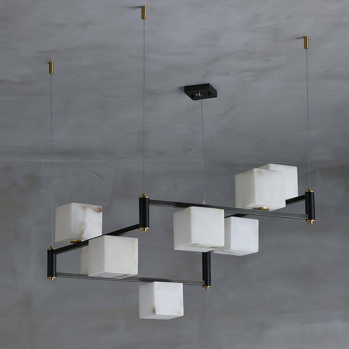 Elegant mid century modern alabaster square box chandelier with black accents and multiple light heads.