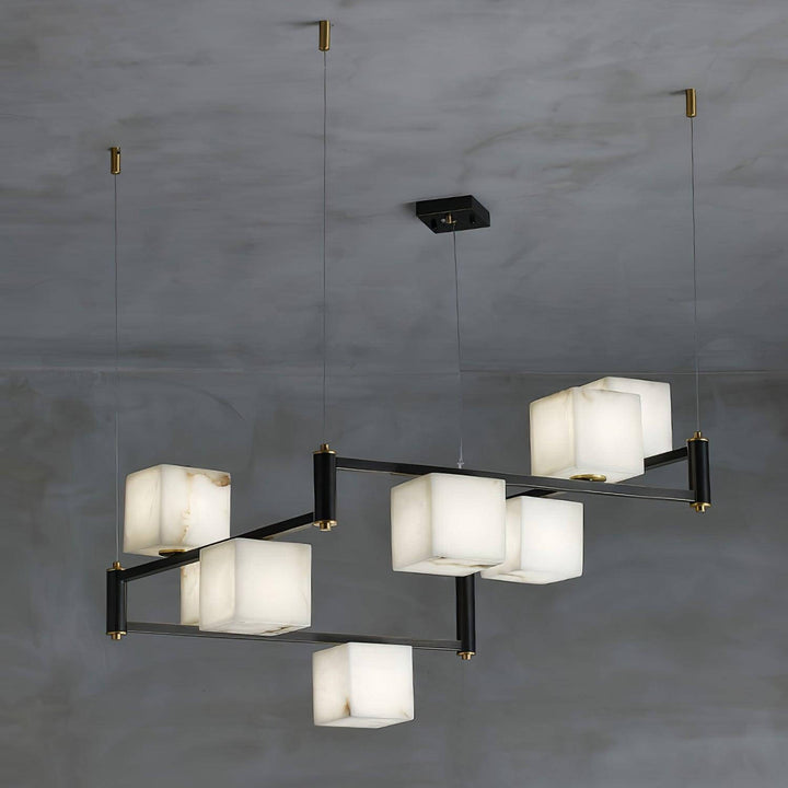 Mid century modern alabaster square box chandelier with multiple heads, showcasing elegant design and unique patterns.