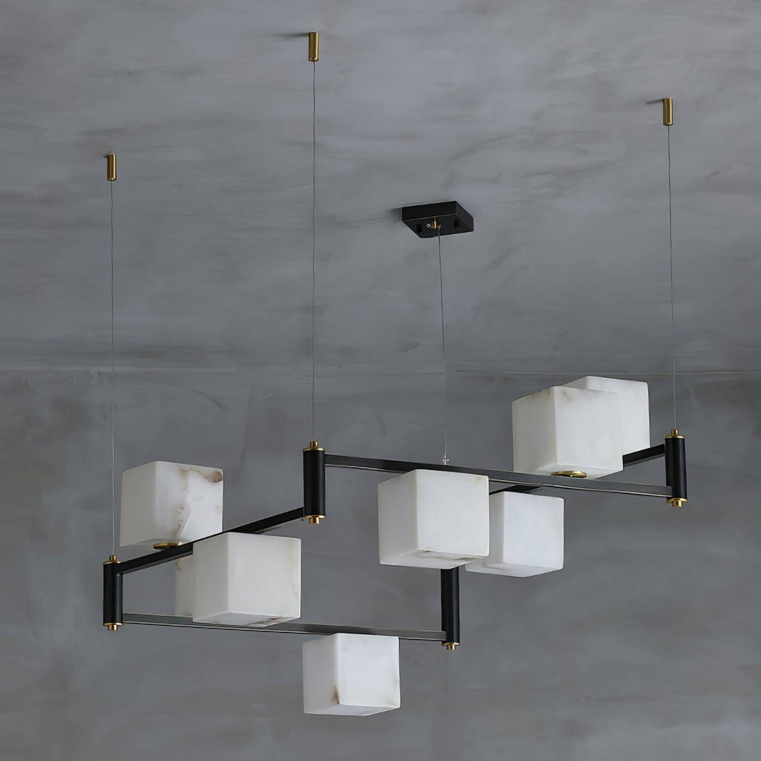Mid century modern alabaster square box chandelier with six heads, perfect for stylish home decor.