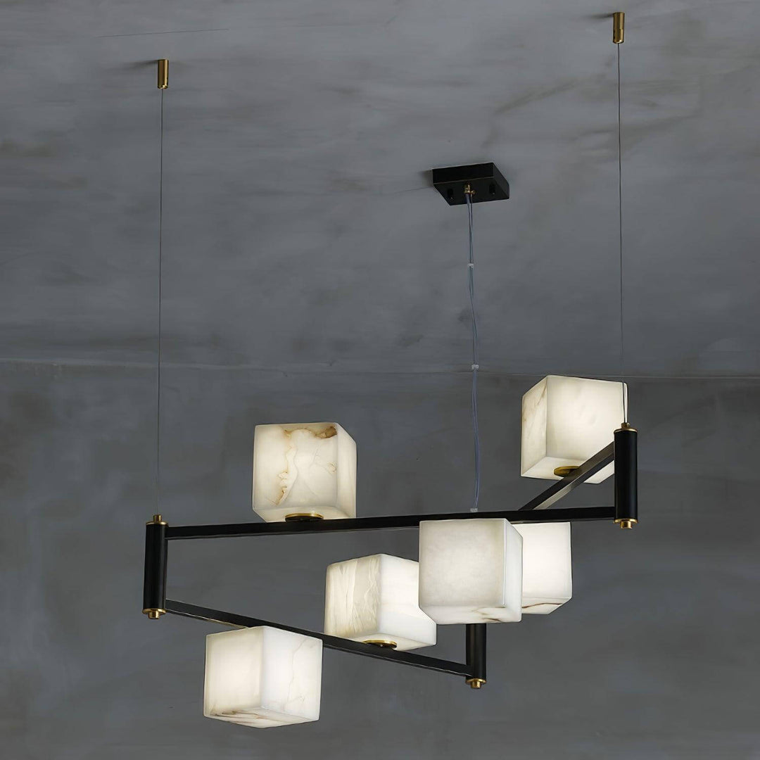 Mid century modern alabaster square box chandelier with multiple light heads, stylish black metal accents.