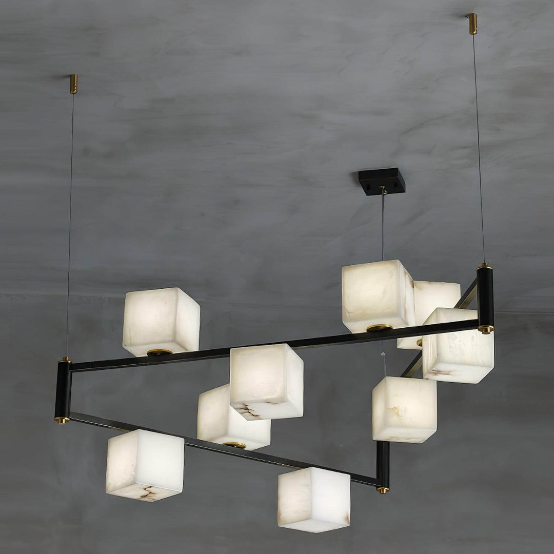 Mid century modern alabaster square box chandelier with nine heads, featuring a sleek design and elegant illumination.