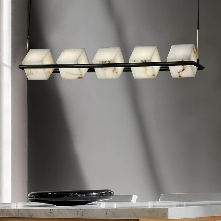 Mid-century modern alabaster square box chandelier with five light heads in stylish interior setting.