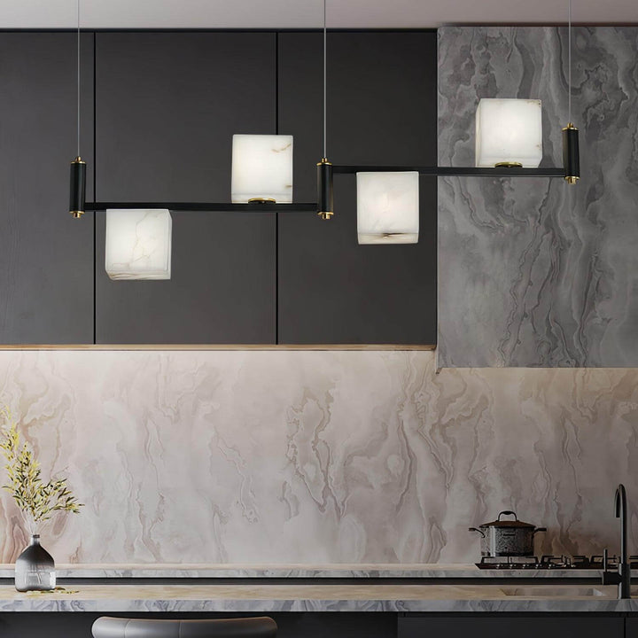 Mid century modern alabaster square box chandelier in a stylish kitchen setting.