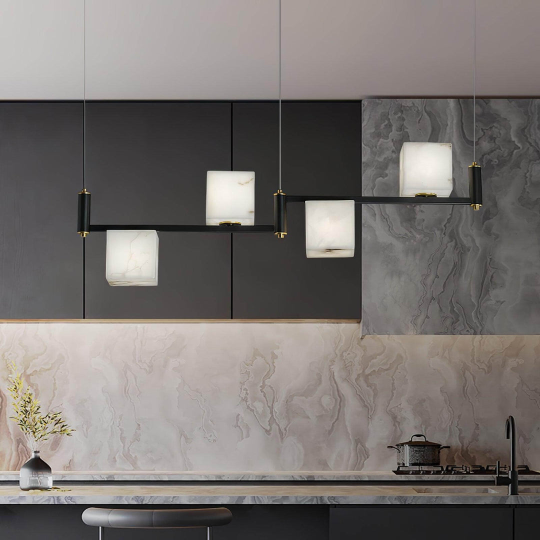 Modern alabaster square box chandelier in sleek kitchen, showcasing elegant mid-century design.