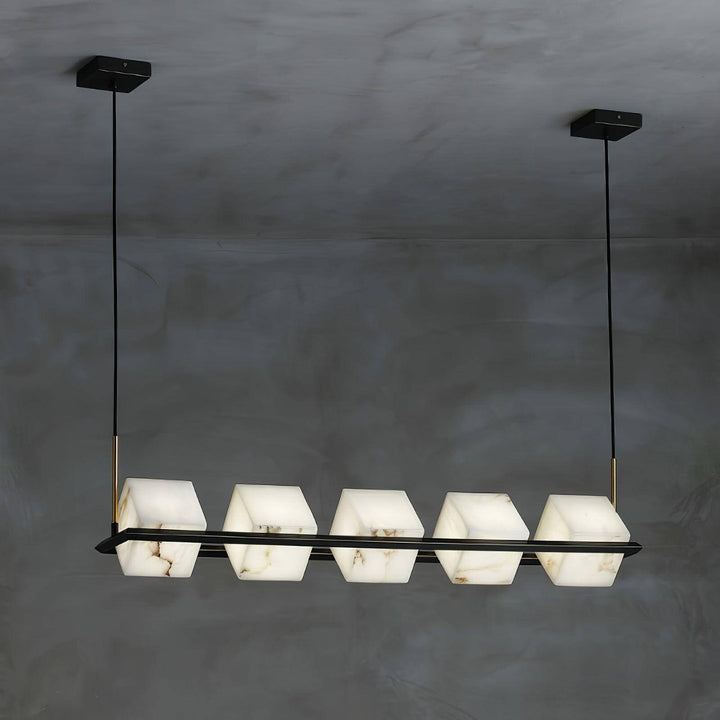 Mid century modern alabaster square box chandelier with black accents, featuring five unique alabaster shades.