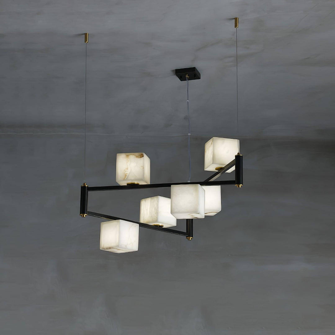 Alabaster square box chandelier in a modern design, featuring a black frame and varying alabaster patterns.