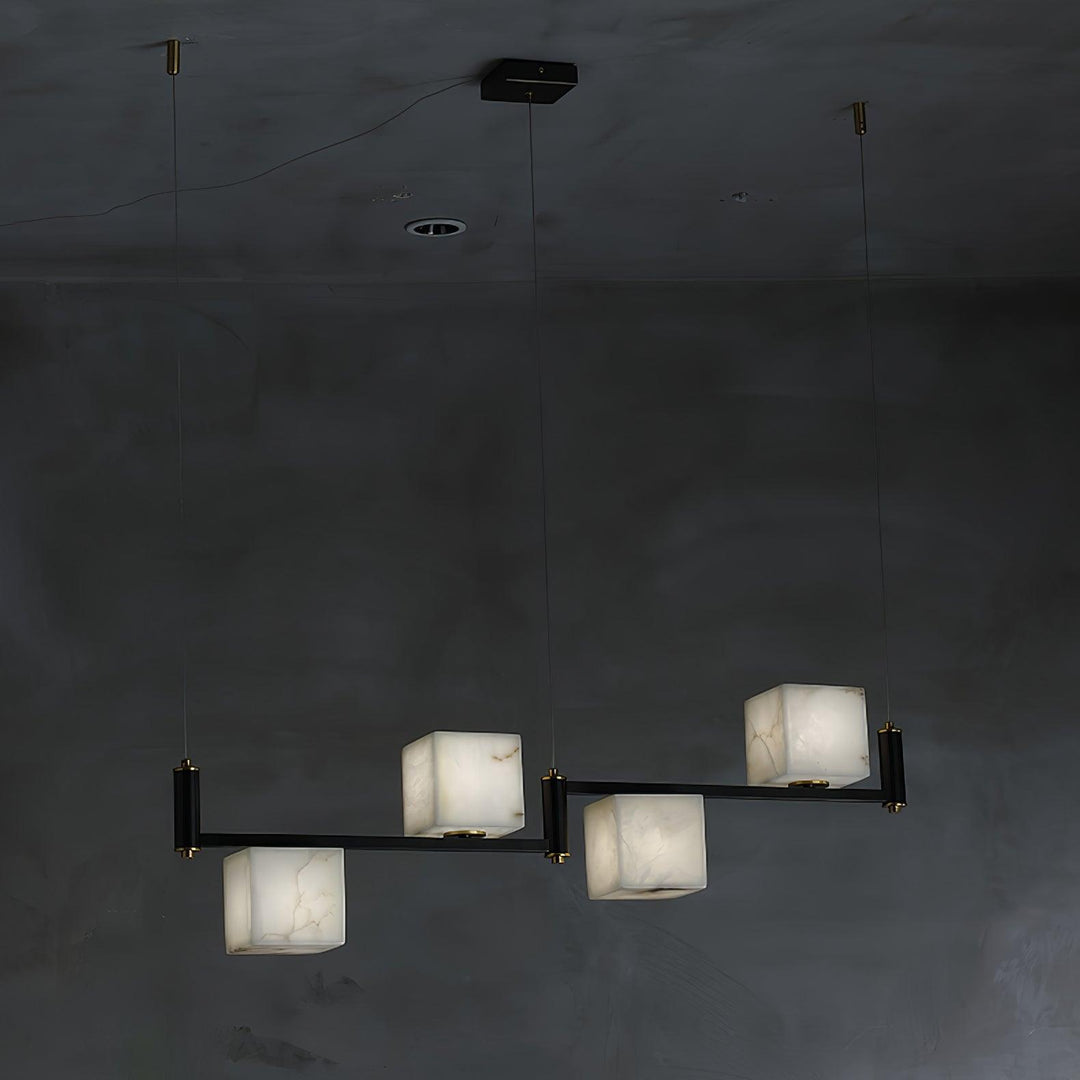 Mid century modern alabaster square box chandelier with four heads, featuring a sleek black frame.