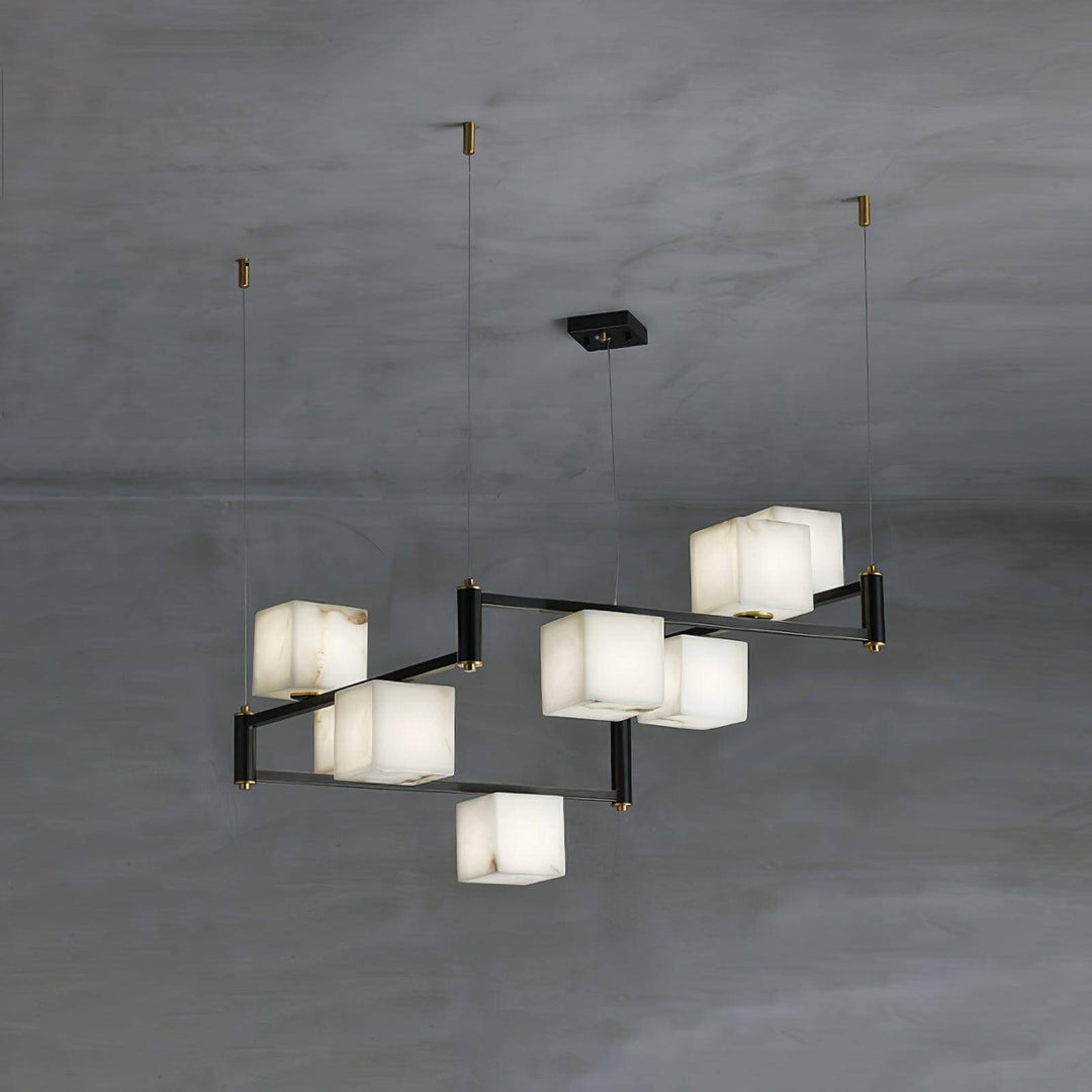 Mid century modern alabaster square box chandelier with multiple heads, perfect for contemporary spaces.