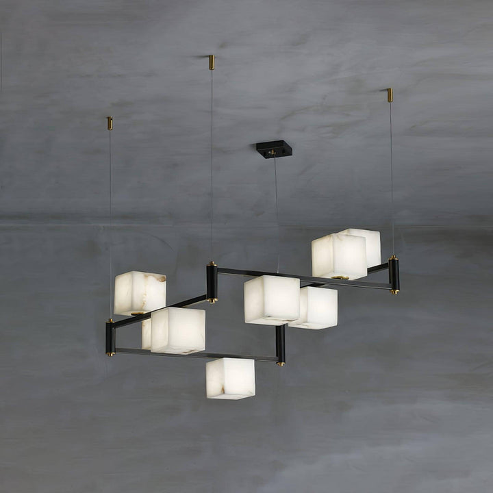 Mid century modern alabaster square box chandelier with multiple heads, perfect for contemporary spaces.