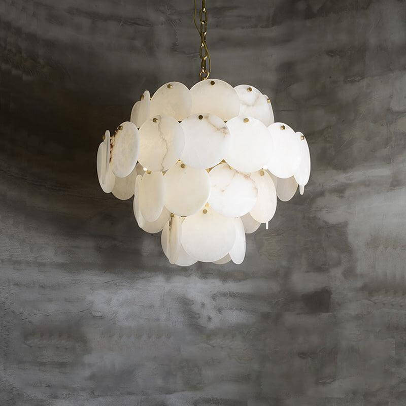 Elegant alabaster multi-tiered chandelier, perfect for mid-century modern living room lighting.