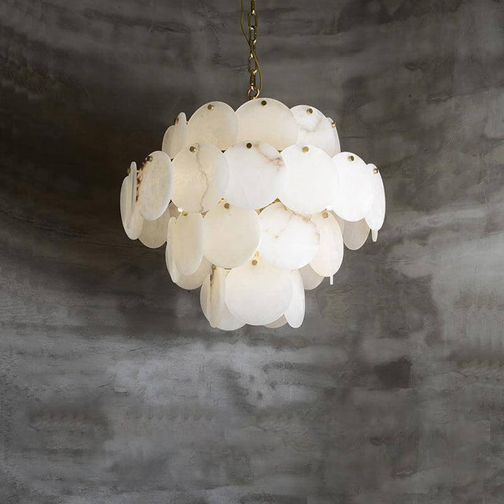 Elegant alabaster multi-tiered chandelier, perfect for mid-century modern living room lighting.