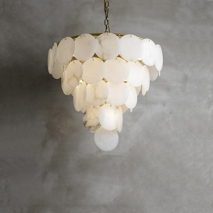 Elegant alabaster multi-tiered chandelier, ideal for mid century modern lighting in large living rooms.