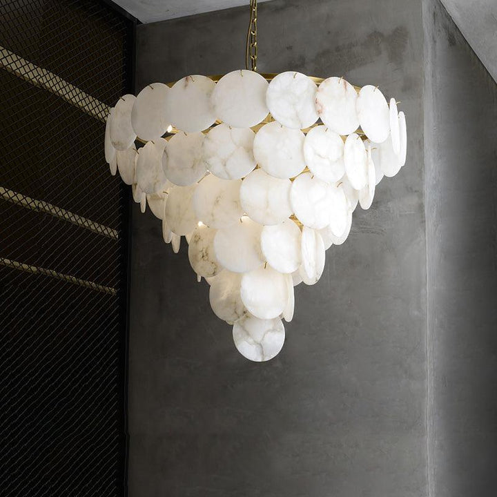 Marble multi-tiered round chandelier featuring alabaster patterns, ideal for mid-century modern lighting in living rooms.