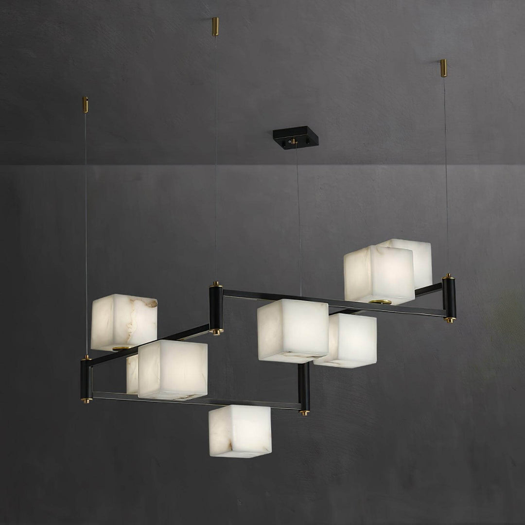 Mid-century modern alabaster square box chandelier with elegant black frame and varying alabaster patterns.