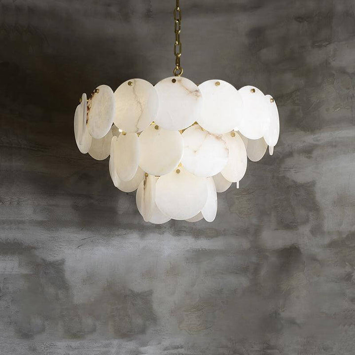Elegant alabaster multi-tiered chandelier, perfect for mid-century modern living room decor.