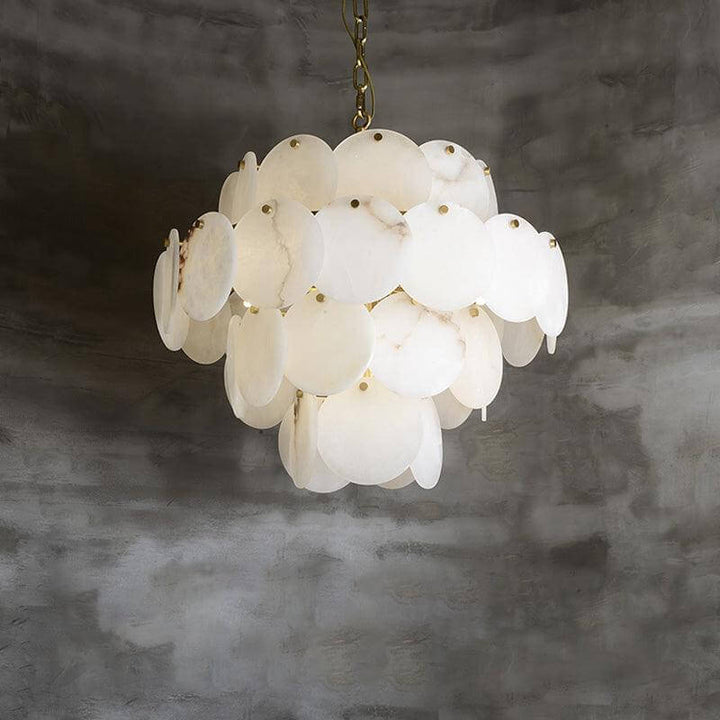 Elegant alabaster multi-tiered chandelier with circular design, perfect for mid-century modern living room lighting.