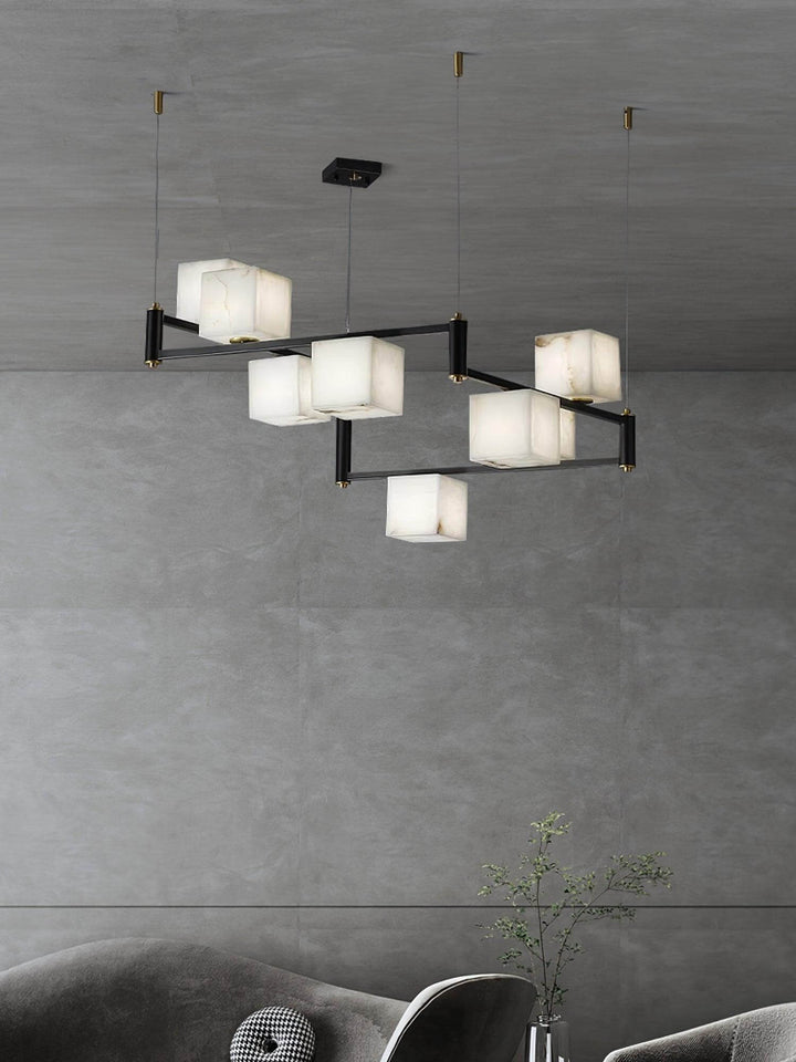 Modern alabaster square box chandelier with 4 to 9 heads, perfect for mid-century style interiors.