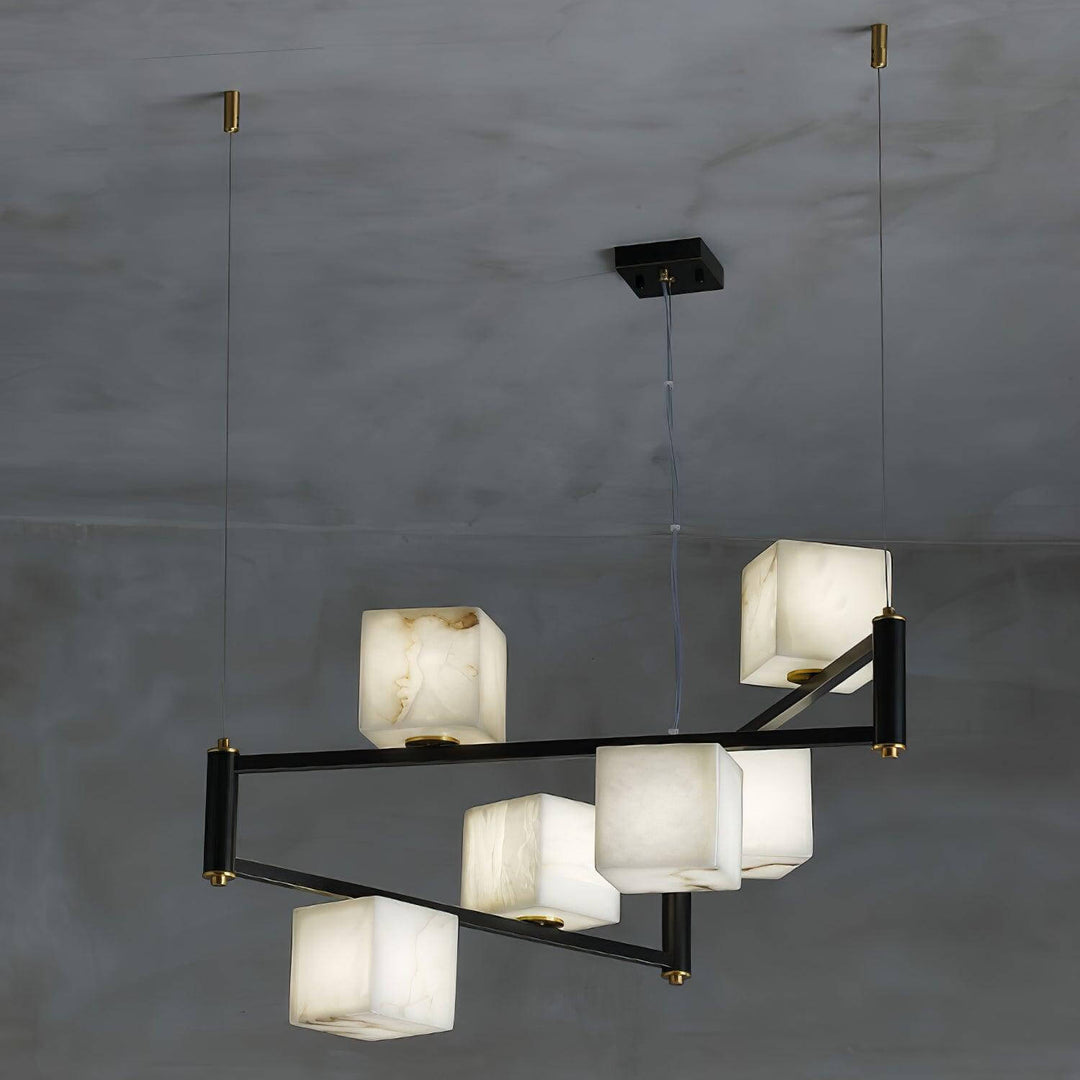 Mid century modern alabaster square box chandelier featuring multiple cube-shaped shades.