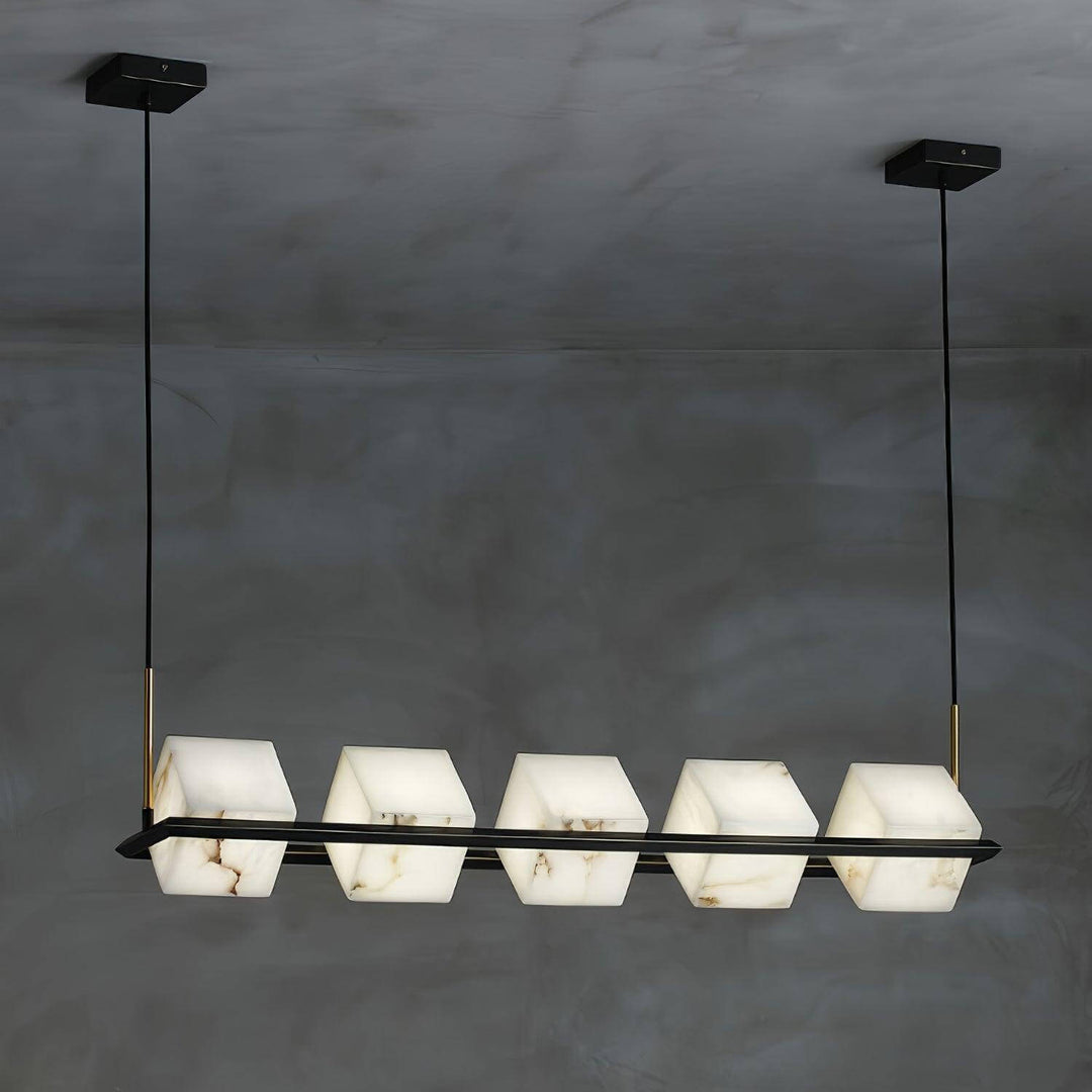 Mid century modern alabaster square box chandelier with six distinct shades against a dark background.