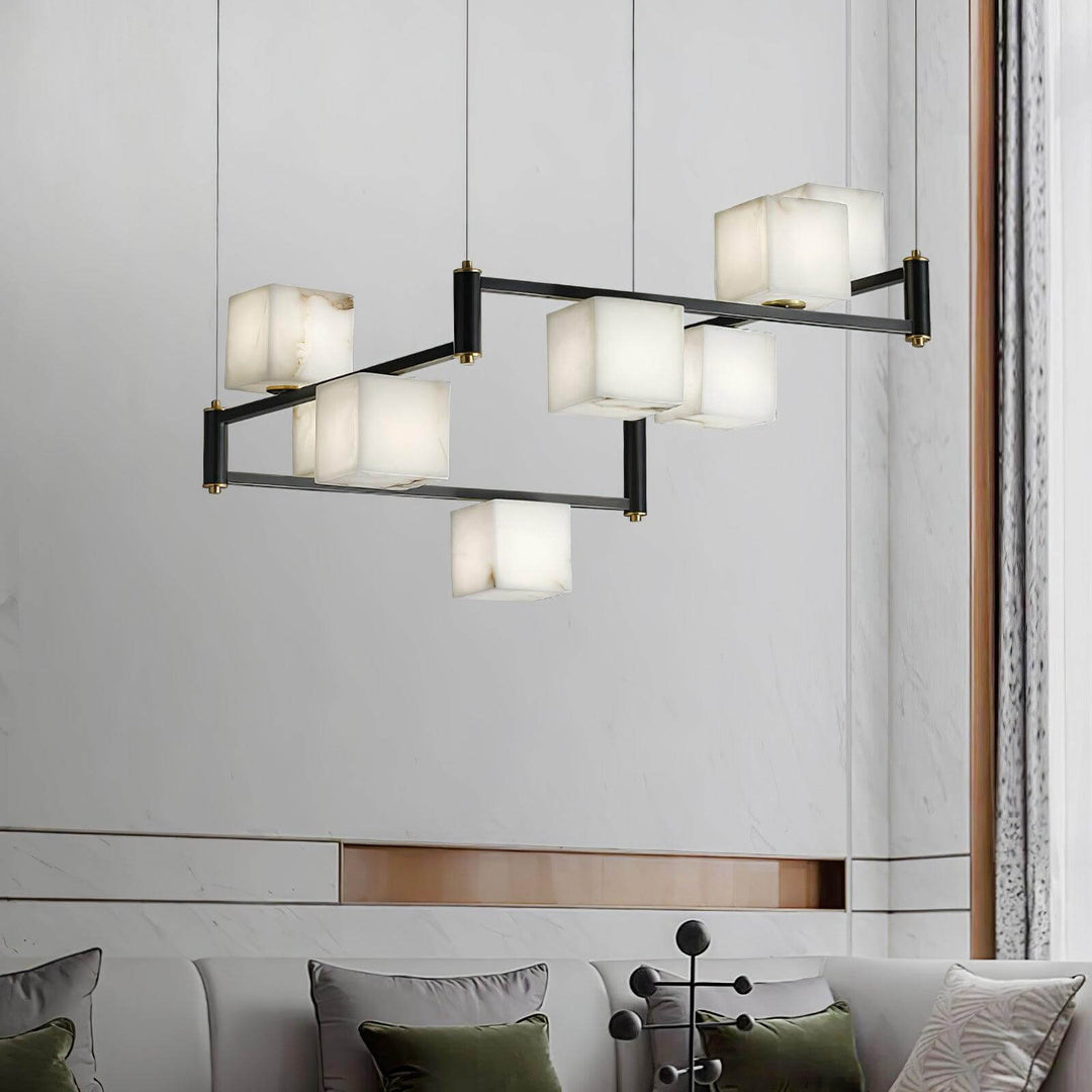 Stylish mid century modern alabaster square box chandelier in elegant interior setting.